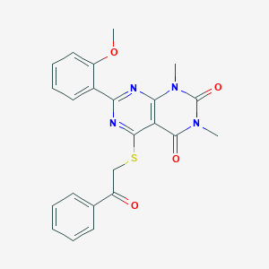 molecular formula C23H20N4O4S B2677613 7-(2-methoxyphenyl)-1,3-dimethyl-5-((2-oxo-2-phenylethyl)thio)pyrimido[4,5-d]pyrimidine-2,4(1H,3H)-dione CAS No. 872838-43-2
