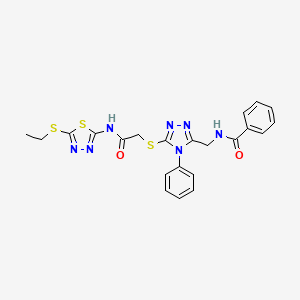 molecular formula C22H21N7O2S3 B2677620 N-[[5-[2-[(5-ethylsulfanyl-1,3,4-thiadiazol-2-yl)amino]-2-oxoethyl]sulfanyl-4-phenyl-1,2,4-triazol-3-yl]methyl]benzamide CAS No. 393839-28-6