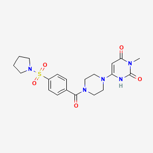 molecular formula C20H25N5O5S B2677642 3-methyl-6-(4-(4-(pyrrolidin-1-ylsulfonyl)benzoyl)piperazin-1-yl)pyrimidine-2,4(1H,3H)-dione CAS No. 2310208-77-4