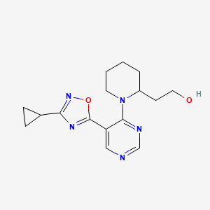 molecular formula C16H21N5O2 B2677656 2-{1-[5-(3-Cyclopropyl-1,2,4-oxadiazol-5-yl)pyrimidin-4-yl]piperidin-2-yl}ethanol CAS No. 2108266-47-1