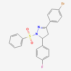 molecular formula C21H16BrFN2O2S B2677677 2-(Benzenesulfonyl)-5-(4-bromophenyl)-3-(4-fluorophenyl)-3,4-dihydropyrazole CAS No. 361479-00-7