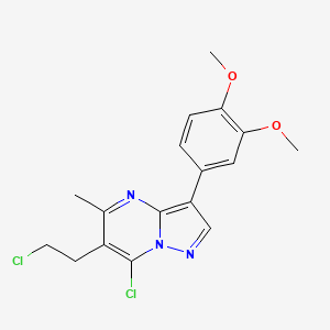molecular formula C17H17Cl2N3O2 B2677678 4-[7-Chloro-6-(2-chloroethyl)-5-methylpyrazolo[1,5-a]pyrimidin-3-yl]-2-methoxyphenyl methyl ether CAS No. 866144-75-4