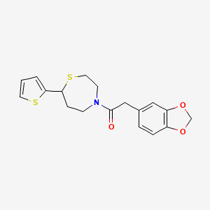 molecular formula C18H19NO3S2 B2677683 2-(Benzo[d][1,3]dioxol-5-yl)-1-(7-(thiophen-2-yl)-1,4-thiazepan-4-yl)ethanone CAS No. 1705068-23-0