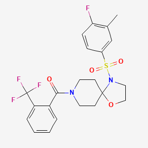 molecular formula C22H22F4N2O4S B2677752 (4-((4-Fluoro-3-methylphenyl)sulfonyl)-1-oxa-4,8-diazaspiro[4.5]decan-8-yl)(2-(trifluoromethyl)phenyl)methanone CAS No. 923257-10-7