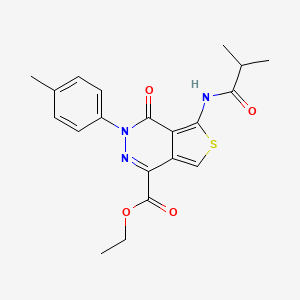 molecular formula C20H21N3O4S B2677770 乙酸-5-异丁酰胺基-4-氧代-3-(对甲苯基)-3,4-二氢噻吩并[3,4-d]嘧啶-1-基酯 CAS No. 851947-82-5