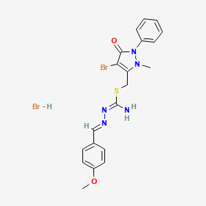 B2677774 4-bromo-5-{[(N'-{[(4-methoxyphenyl)methylidene]amino}carbamimidoyl)sulfanyl]methyl}-1-methyl-2-phenyl-2,3-dihydro-1H-pyrazol-3-one hydrobromide CAS No. 1078634-34-0