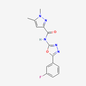 molecular formula C14H12FN5O2 B2677830 N-(5-(3-fluorophenyl)-1,3,4-oxadiazol-2-yl)-1,5-dimethyl-1H-pyrazole-3-carboxamide CAS No. 1170380-63-8