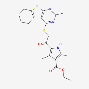 molecular formula C22H25N3O3S2 B2677907 ethyl 2,4-dimethyl-5-[2-({5-methyl-8-thia-4,6-diazatricyclo[7.4.0.0^{2,7}]trideca-1(9),2(7),3,5-tetraen-3-yl}sulfanyl)acetyl]-1H-pyrrole-3-carboxylate CAS No. 304683-90-7