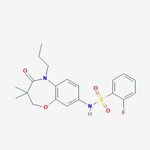 molecular formula C20H23FN2O4S B2678001 N-(3,3-dimethyl-4-oxo-5-propyl-2,3,4,5-tetrahydro-1,5-benzoxazepin-8-yl)-2-fluorobenzene-1-sulfonamide CAS No. 921992-23-6