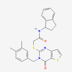 molecular formula C26H25N3O2S2 B2678103 N-(2,3-dihydro-1H-inden-1-yl)-2-({3-[(3,4-dimethylphenyl)methyl]-4-oxo-3H,4H-thieno[3,2-d]pyrimidin-2-yl}sulfanyl)acetamide CAS No. 1252917-02-4