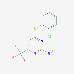 molecular formula C12H9ClF3N3S B2678123 N-[4-[(2-chlorophenyl)sulfanyl]-6-(trifluoromethyl)-2-pyrimidinyl]-N-methylamine CAS No. 400086-86-4