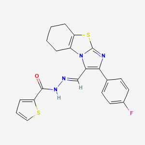 molecular formula C21H17FN4OS2 B2678145 N'-[(1E)-[4-(4-fluorophenyl)-7-thia-2,5-diazatricyclo[6.4.0.0^{2,6}]dodeca-1(8),3,5-trien-3-yl]methylidene]thiophene-2-carbohydrazide CAS No. 866009-45-2