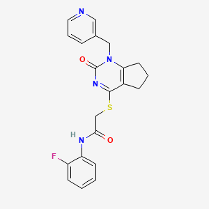 molecular formula C21H19FN4O2S B2678500 N-(2-fluorophenyl)-2-({2-oxo-1-[(pyridin-3-yl)methyl]-1H,2H,5H,6H,7H-cyclopenta[d]pyrimidin-4-yl}sulfanyl)acetamide CAS No. 946374-12-5