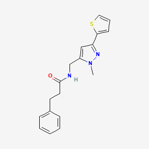 molecular formula C18H19N3OS B2678548 N-{[1-methyl-3-(thiophen-2-yl)-1H-pyrazol-5-yl]methyl}-3-phenylpropanamide CAS No. 2309748-50-1