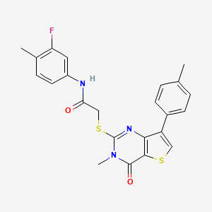 molecular formula C23H20FN3O2S2 B2678606 N-(3-fluoro-4-methylphenyl)-2-{[3-methyl-7-(4-methylphenyl)-4-oxo-3,4-dihydrothieno[3,2-d]pyrimidin-2-yl]sulfanyl}acetamide CAS No. 1105196-96-0