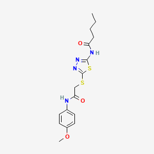 molecular formula C16H20N4O3S2 B2679265 N-(5-((2-((4-methoxyphenyl)amino)-2-oxoethyl)thio)-1,3,4-thiadiazol-2-yl)pentanamide CAS No. 392293-51-5