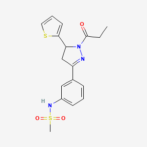 molecular formula C17H19N3O3S2 B2679337 N-{3-[1-propanoyl-5-(thiophen-2-yl)-4,5-dihydro-1H-pyrazol-3-yl]phenyl}methanesulfonamide CAS No. 851780-59-1