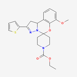 molecular formula C22H25N3O4S B2679381 ethyl 10'-methoxy-4'-(thiophen-2-yl)-8'-oxa-5',6'-diazaspiro[piperidine-4,7'-tricyclo[7.4.0.0^{2,6}]tridecane]-1'(9'),4',10',12'-tetraene-1-carboxylate CAS No. 899972-72-6