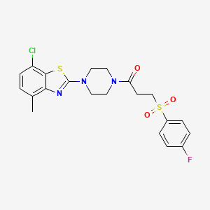 molecular formula C21H21ClFN3O3S2 B2679406 1-(4-(7-Chloro-4-methylbenzo[d]thiazol-2-yl)piperazin-1-yl)-3-((4-fluorophenyl)sulfonyl)propan-1-one CAS No. 897488-38-9