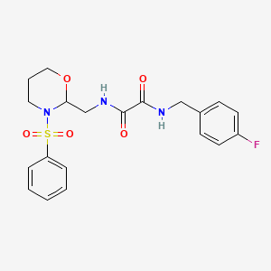 molecular formula C20H22FN3O5S B2679491 N-{[3-(benzenesulfonyl)-1,3-oxazinan-2-yl]methyl}-N'-[(4-fluorophenyl)methyl]ethanediamide CAS No. 872881-09-9