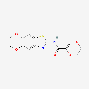 molecular formula C14H12N2O5S B2679531 N-{10,13-dioxa-4-thia-6-azatricyclo[7.4.0.0^{3,7}]trideca-1,3(7),5,8-tetraen-5-yl}-5,6-dihydro-1,4-dioxine-2-carboxamide CAS No. 892853-72-4