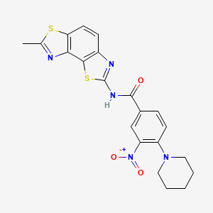 molecular formula C21H19N5O3S2 B2679532 N-{11-methyl-3,10-dithia-5,12-diazatricyclo[7.3.0.0^{2,6}]dodeca-1(9),2(6),4,7,11-pentaen-4-yl}-3-nitro-4-(piperidin-1-yl)benzamide CAS No. 476642-20-3