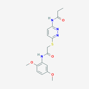 molecular formula C17H20N4O4S B2679672 N-(6-((2-((2,5-dimethoxyphenyl)amino)-2-oxoethyl)thio)pyridazin-3-yl)propionamide CAS No. 1021091-80-4