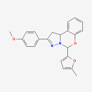 molecular formula C22H20N2O3 B2679875 2-(4-methoxyphenyl)-5-(5-methylfuran-2-yl)-5,10b-dihydro-1H-benzo[e]pyrazolo[1,5-c][1,3]oxazine CAS No. 942002-16-6