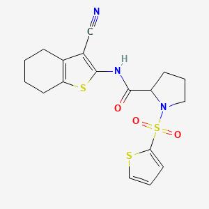 molecular formula C18H19N3O3S3 B2679877 N-(3-cyano-4,5,6,7-tetrahydro-1-benzothiophen-2-yl)-1-(thiophene-2-sulfonyl)pyrrolidine-2-carboxamide CAS No. 1098638-91-5