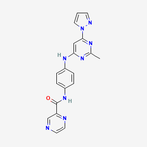 molecular formula C19H16N8O B2679926 N-(4-((2-methyl-6-(1H-pyrazol-1-yl)pyrimidin-4-yl)amino)phenyl)pyrazine-2-carboxamide CAS No. 1226451-63-3