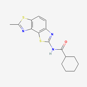 molecular formula C16H17N3OS2 B2680124 N-{11-methyl-3,10-dithia-5,12-diazatricyclo[7.3.0.0^{2,6}]dodeca-1(9),2(6),4,7,11-pentaen-4-yl}cyclohexanecarboxamide CAS No. 476631-81-9