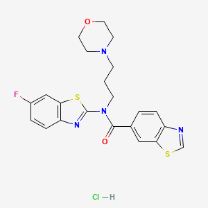 molecular formula C22H22ClFN4O2S2 B2680158 N-(6-FLUORO-1,3-BENZOTHIAZOL-2-YL)-N-[3-(MORPHOLIN-4-YL)PROPYL]-1,3-BENZOTHIAZOLE-6-CARBOXAMIDE HYDROCHLORIDE CAS No. 1215565-29-9
