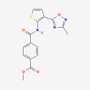 molecular formula C16H13N3O4S B2680225 Methyl 4-((3-(3-methyl-1,2,4-oxadiazol-5-yl)thiophen-2-yl)carbamoyl)benzoate CAS No. 2034288-64-5