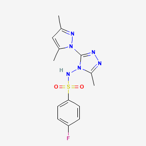 molecular formula C14H15FN6O2S B2680267 N-[3-(3,5-dimethyl-1H-pyrazol-1-yl)-5-methyl-4H-1,2,4-triazol-4-yl]-4-fluorobenzene-1-sulfonamide CAS No. 313362-36-6