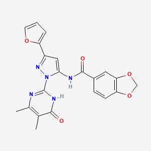 molecular formula C21H17N5O5 B2680307 N-(1-(4,5-dimethyl-6-oxo-1,6-dihydropyrimidin-2-yl)-3-(furan-2-yl)-1H-pyrazol-5-yl)benzo[d][1,3]dioxole-5-carboxamide CAS No. 1171575-03-3