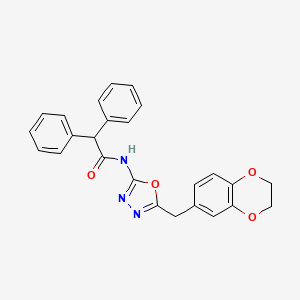 molecular formula C25H21N3O4 B2680340 N-(5-((2,3-dihydrobenzo[b][1,4]dioxin-6-yl)methyl)-1,3,4-oxadiazol-2-yl)-2,2-diphenylacetamide CAS No. 922047-97-0
