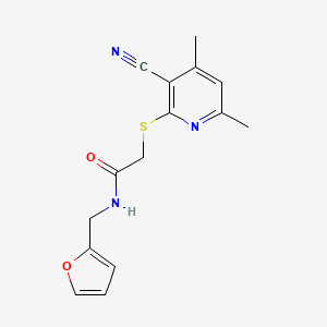 molecular formula C15H15N3O2S B2680407 Acetamide, 2-[(3-cyano-4,6-dimethyl-2-pyridinyl)thio]-N-(2-furanylmethyl)- CAS No. 315709-62-7