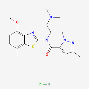 molecular formula C19H26ClN5O2S B2680513 N-(2-(dimethylamino)ethyl)-N-(4-methoxy-7-methylbenzo[d]thiazol-2-yl)-1,3-dimethyl-1H-pyrazole-5-carboxamide hydrochloride CAS No. 1189505-89-2