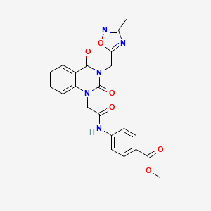 molecular formula C23H21N5O6 B2680805 ethyl 4-(2-(3-((3-methyl-1,2,4-oxadiazol-5-yl)methyl)-2,4-dioxo-3,4-dihydroquinazolin-1(2H)-yl)acetamido)benzoate CAS No. 941977-68-0