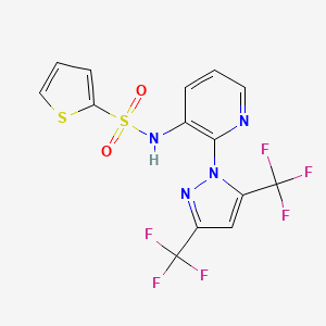 molecular formula C14H8F6N4O2S2 B2680927 N-{2-[3,5-bis(trifluoromethyl)-1H-pyrazol-1-yl]-3-pyridinyl}-2-thiophenesulfonamide CAS No. 955966-49-1