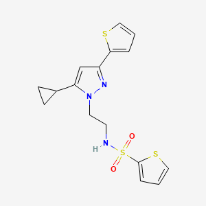 molecular formula C16H17N3O2S3 B2681059 N-(2-(5-cyclopropyl-3-(thiophen-2-yl)-1H-pyrazol-1-yl)ethyl)thiophene-2-sulfonamide CAS No. 1797294-08-6