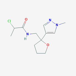 molecular formula C12H18ClN3O2 B2681260 2-Chloro-N-[[2-(1-methylpyrazol-4-yl)oxolan-2-yl]methyl]propanamide CAS No. 2411195-39-4