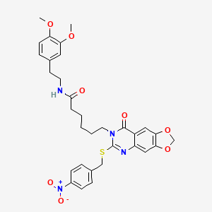 molecular formula C32H34N4O8S B2681309 N-[2-(3,4-dimethoxyphenyl)ethyl]-6-(6-{[(4-nitrophenyl)methyl]sulfanyl}-8-oxo-2H,7H,8H-[1,3]dioxolo[4,5-g]quinazolin-7-yl)hexanamide CAS No. 688061-56-5