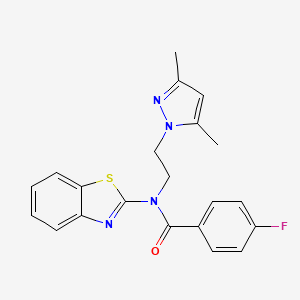 molecular formula C21H19FN4OS B2681330 N-(1,3-benzothiazol-2-yl)-N-[2-(3,5-dimethyl-1H-pyrazol-1-yl)ethyl]-4-fluorobenzamide CAS No. 1172366-82-3