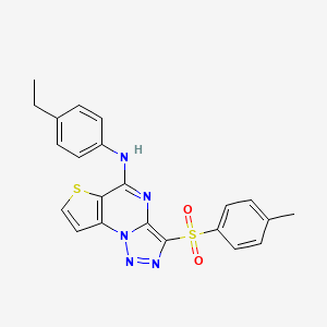 molecular formula C22H19N5O2S2 B2681356 N-(4-ethylphenyl)-10-(4-methylbenzenesulfonyl)-5-thia-1,8,11,12-tetraazatricyclo[7.3.0.0^{2,6}]dodeca-2(6),3,7,9,11-pentaen-7-amine CAS No. 892734-04-2