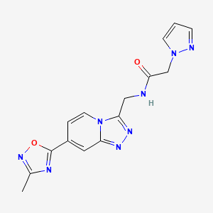 molecular formula C15H14N8O2 B2681416 N-((7-(3-methyl-1,2,4-oxadiazol-5-yl)-[1,2,4]triazolo[4,3-a]pyridin-3-yl)methyl)-2-(1H-pyrazol-1-yl)acetamide CAS No. 2034447-33-9