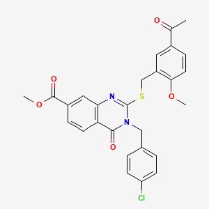 molecular formula C27H23ClN2O5S B2681428 methyl 2-{[(5-acetyl-2-methoxyphenyl)methyl]sulfanyl}-3-[(4-chlorophenyl)methyl]-4-oxo-3,4-dihydroquinazoline-7-carboxylate CAS No. 422273-72-1