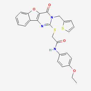 molecular formula C25H21N3O4S2 B2681507 N-(4-ethoxyphenyl)-2-({6-oxo-5-[(thiophen-2-yl)methyl]-8-oxa-3,5-diazatricyclo[7.4.0.0^{2,7}]trideca-1(9),2(7),3,10,12-pentaen-4-yl}sulfanyl)acetamide CAS No. 899754-70-2