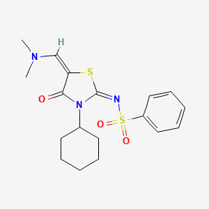 molecular formula C18H23N3O3S2 B2681511 (E)-N-((E)-3-cyclohexyl-5-((dimethylamino)methylene)-4-oxothiazolidin-2-ylidene)benzenesulfonamide CAS No. 627470-40-0