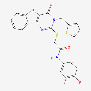 molecular formula C23H15F2N3O3S2 B2681515 N-(3,4-difluorophenyl)-2-({6-oxo-5-[(thiophen-2-yl)methyl]-8-oxa-3,5-diazatricyclo[7.4.0.0^{2,7}]trideca-1(9),2(7),3,10,12-pentaen-4-yl}sulfanyl)acetamide CAS No. 899941-74-3